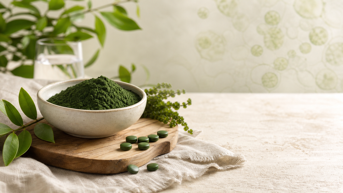 Kom met chlorella poeder, chlorella tabletten en groene bladeren op een natuurlijke lichte ondergrond